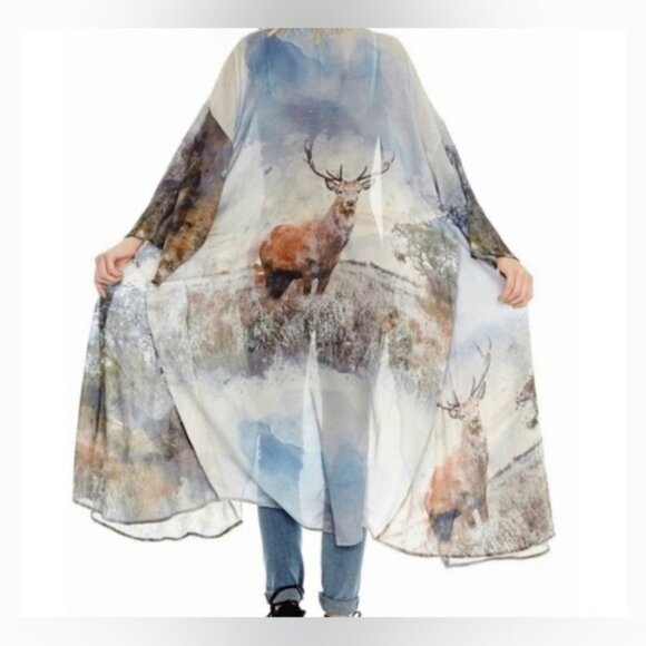 Aratta Silent Journey Bohemian Deer Graphic, Print, Long Kimono Duster XS - Picture 12 of 12